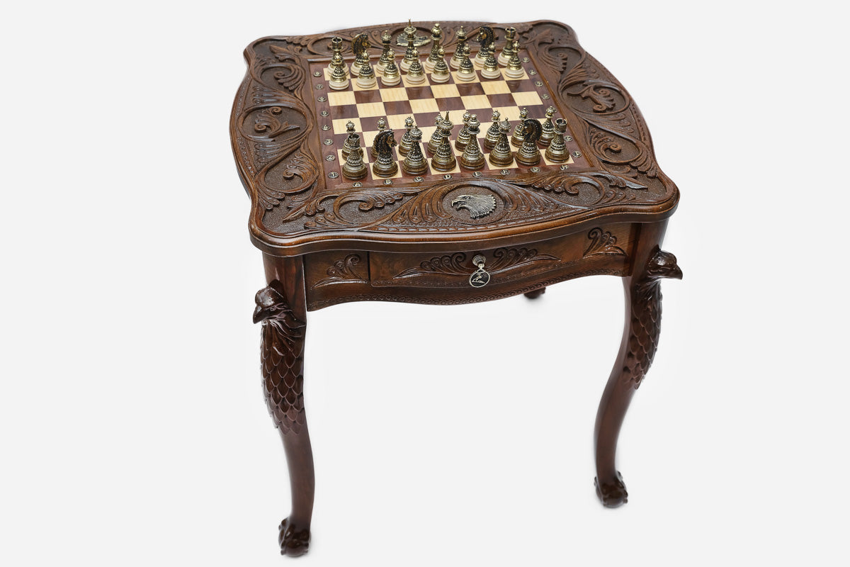 Eagle Beech Chess Table with Bronze Pieces