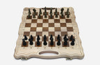 Folding wooden chess board with figural bronze pieces - a gold army facing a black army in starting position
