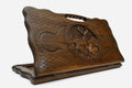 Carved beechwood backgammon board with a deer medallion and a carry handle, propped open
