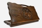 Carved beechwood backgammon board with a deer medallion and a carry handle, propped open