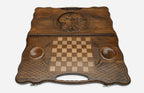 Angled view of the roaring lion carved backgammon board