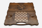 Angled view of the Saint George carved backgammon board