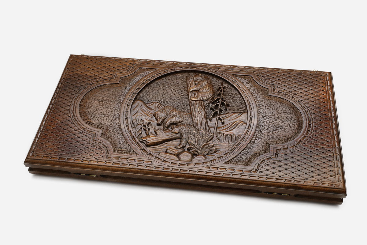 Russian Backgammon Set - Moscow Bears - handmade wooden backgammon board
