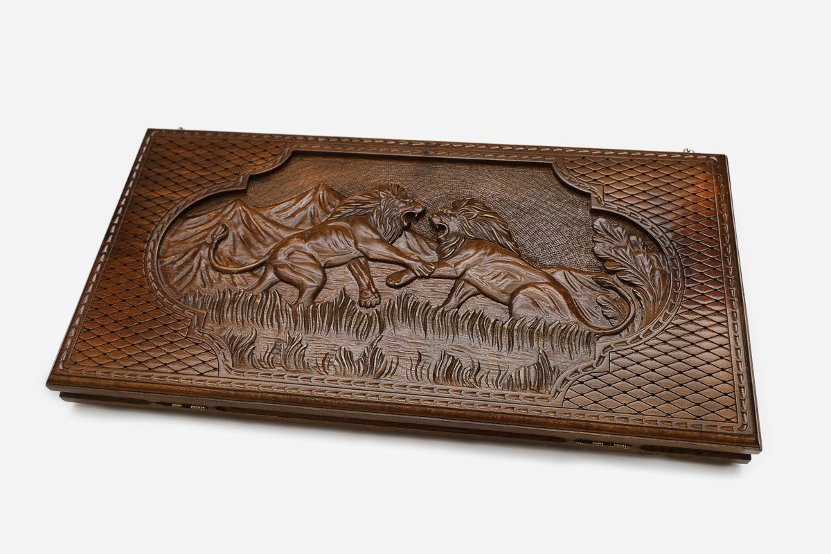 Backgammon Set Fighting Lions - handmade wooden backgammon board