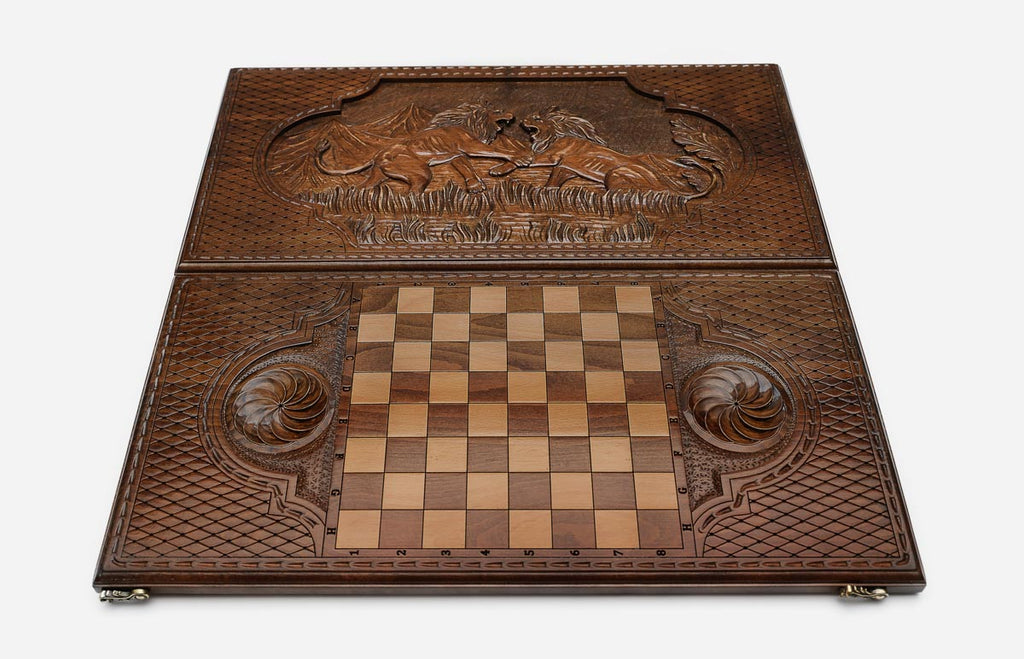 Backgammon Set Fighting Lions - handmade wooden backgammon board