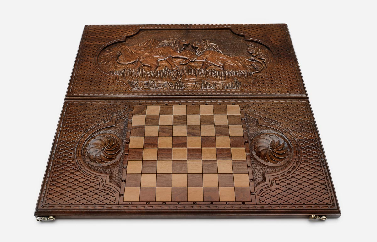 Backgammon Set Fighting Lions - handmade wooden backgammon board