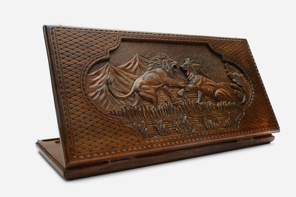 Backgammon Set Fighting Lions - handmade wooden backgammon board