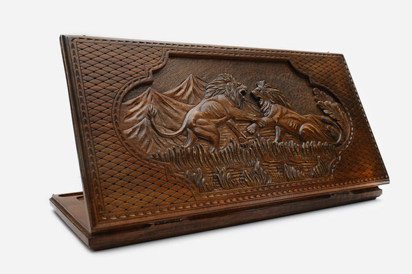 Backgammon Set Fighting Lions - handmade wooden backgammon board