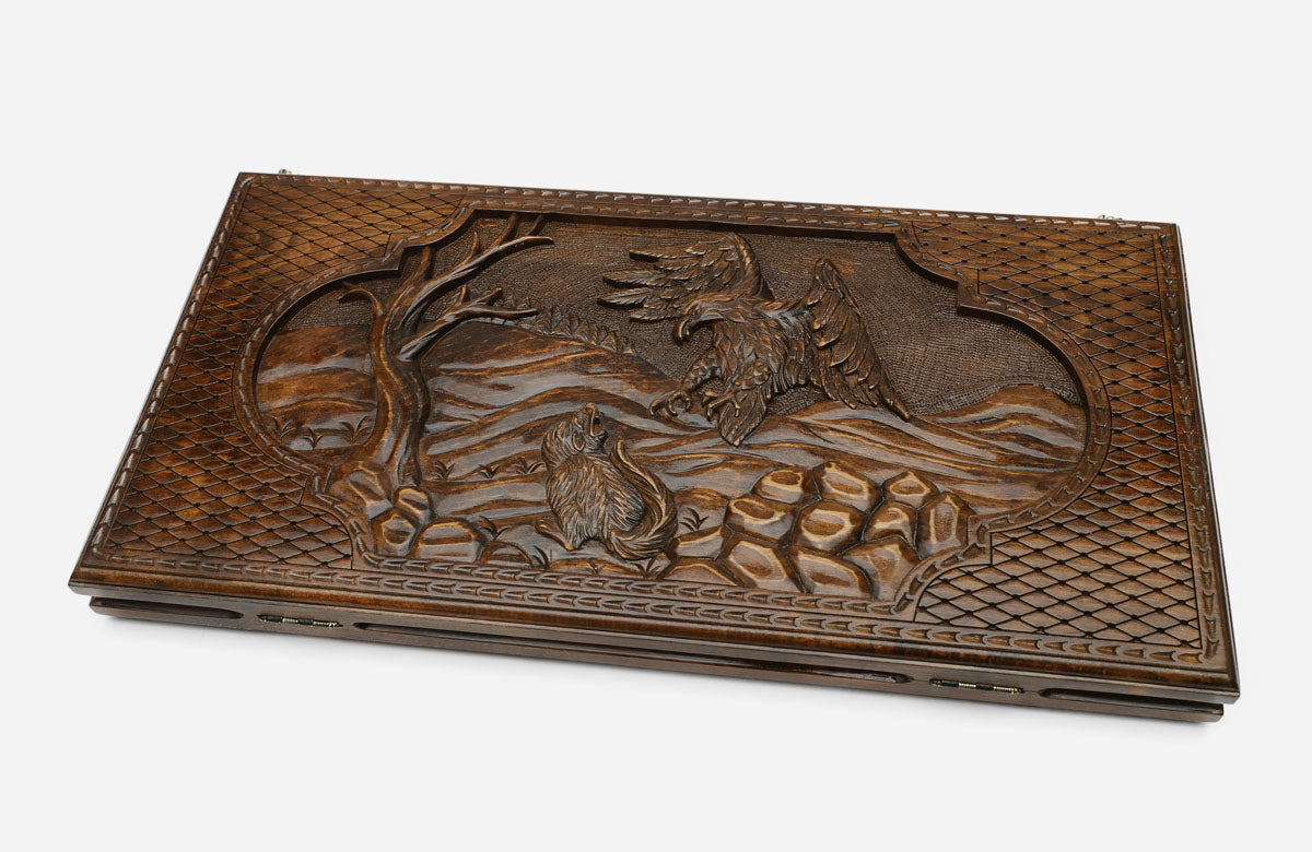 Backgammon Set Hunting Eagle - handmade wooden backgammon board