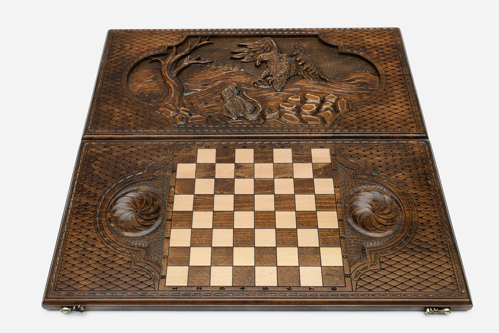 Backgammon Set Hunting Eagle - handmade wooden backgammon board