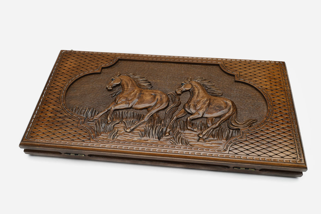Backgammon Set Horses - handmade wooden backgammon board