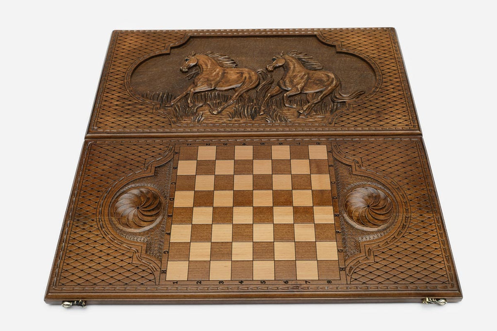 Backgammon Set Horses - handmade wooden backgammon board