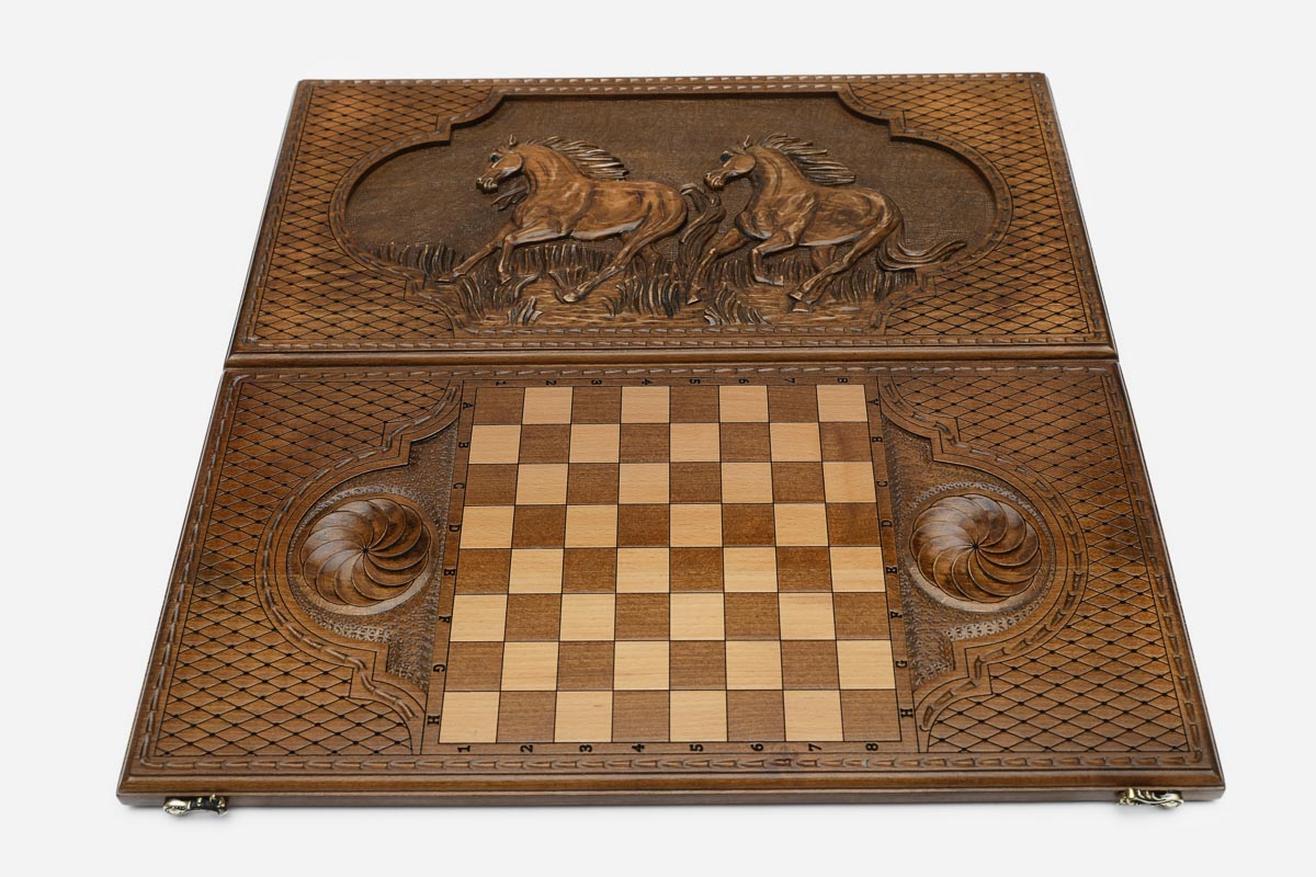 Backgammon Set Horses - handmade wooden backgammon board