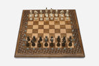 Lattice chess and backgammon set shown folded with carry handle