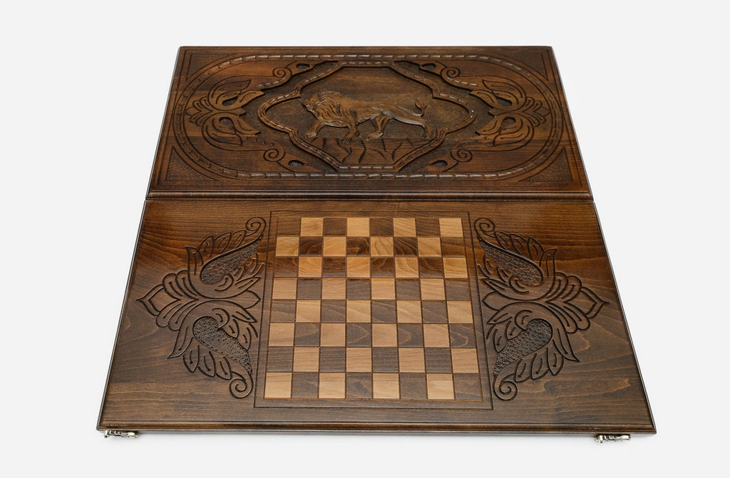 Backgammon Set Lion IV - handmade wooden backgammon board