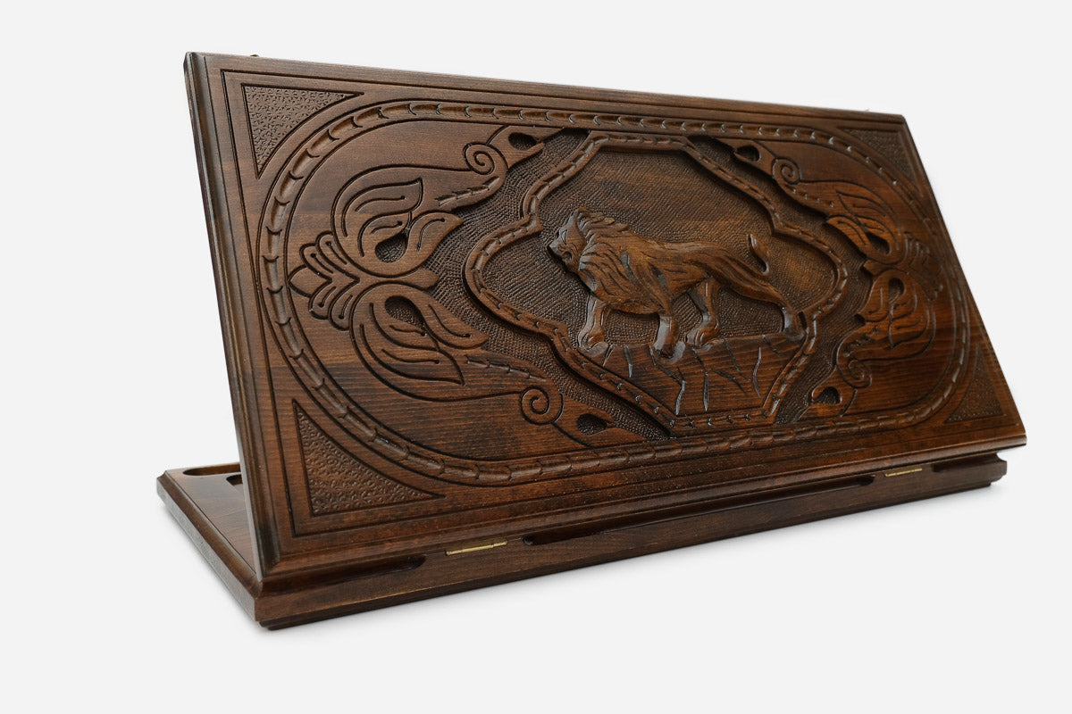 Backgammon Set Lion IV - handmade wooden backgammon board
