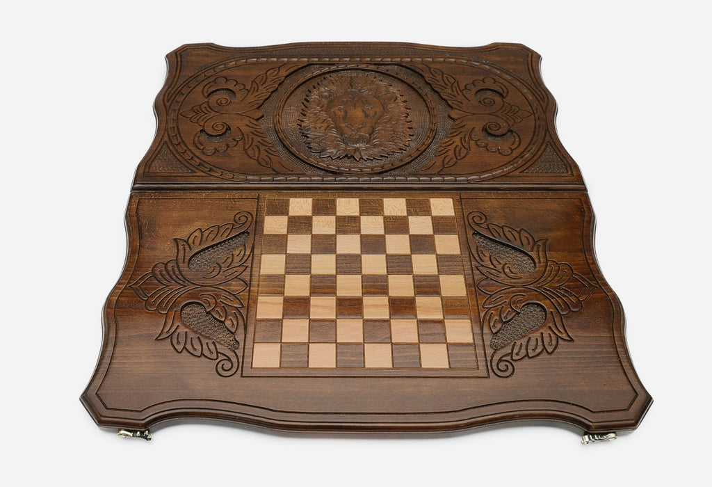 Backgammon Set Lion - handmade wooden backgammon board
