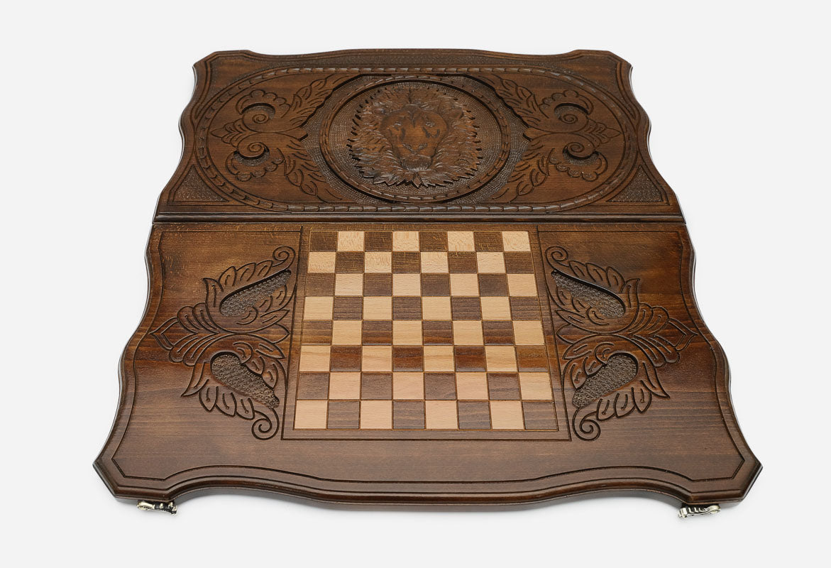 Backgammon Set Lion - handmade wooden backgammon board