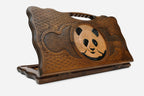 Carved beechwood backgammon board with a panda medallion and a carry handle, propped open