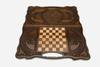 Angled view of the double knotwork carved backgammon board