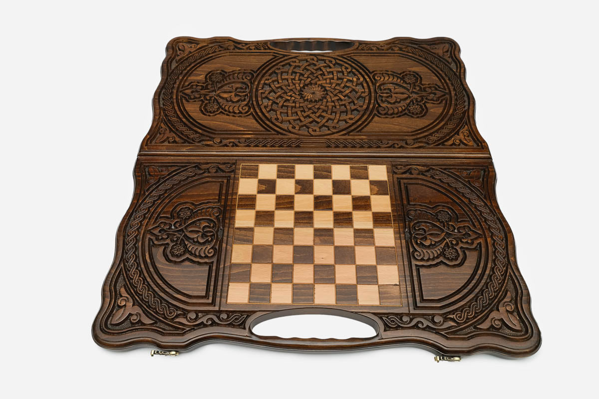 Angled view of the double knotwork carved backgammon board