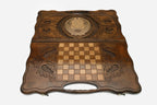 Angled view of the USSR coat of arms carved backgammon board