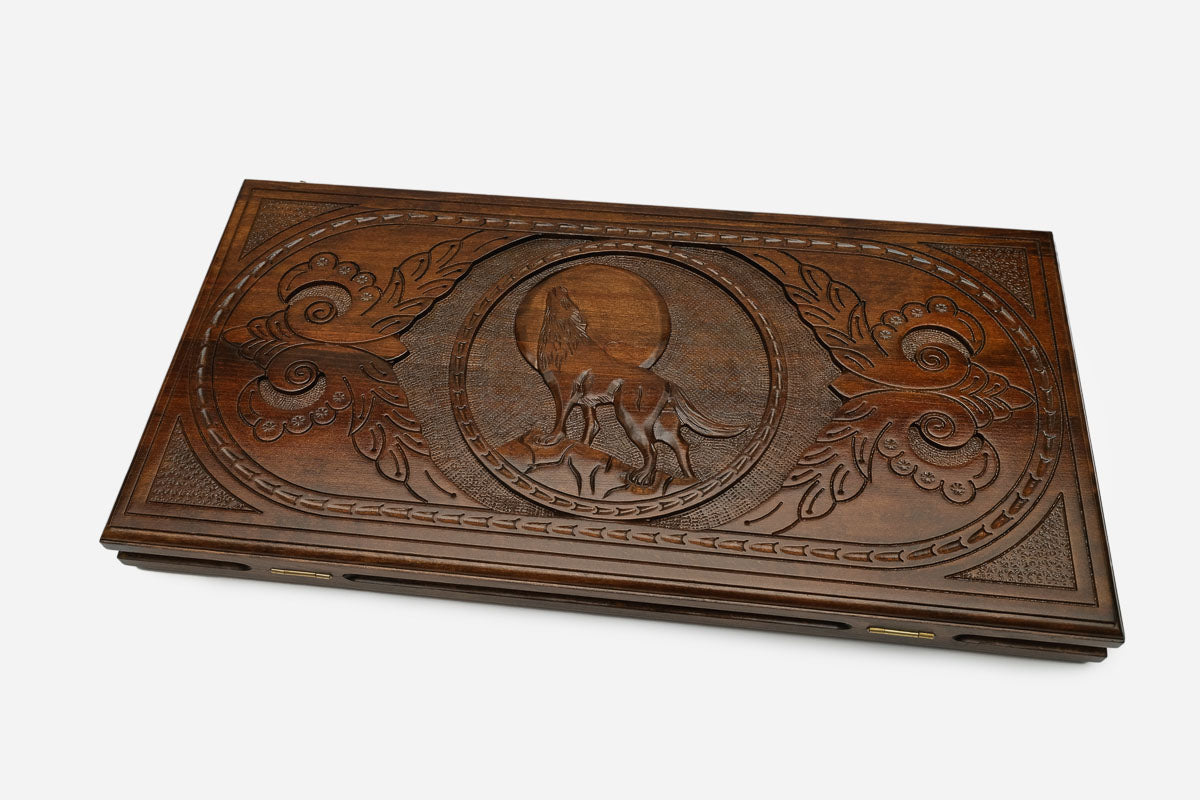 Backgammon Set Wolf - handmade wooden backgammon board