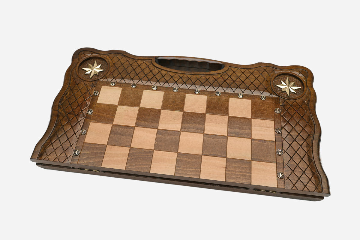 Top-down view of the chessboard, lattice borders and carry-handle cutout