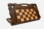 Angled view of the bronze-star chess set with its metal figural pieces