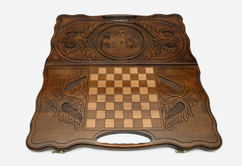 Angled view of the Saint Hripsime Church carved backgammon board