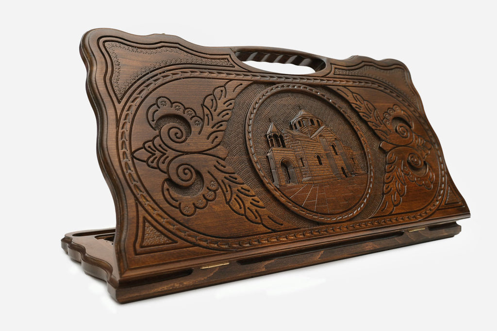 Carved beechwood backgammon board with the Saint Hripsime Church and a carry handle, propped open