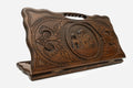 Carved beechwood backgammon board with the Saint Hripsime Church and a carry handle, propped open