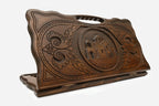 Carved beechwood backgammon board with the Saint Hripsime Church and a carry handle, propped open