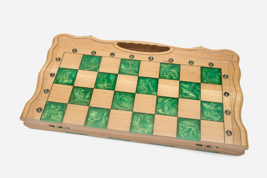 Detail of the green epoxy playing surface and carry-handle cutout