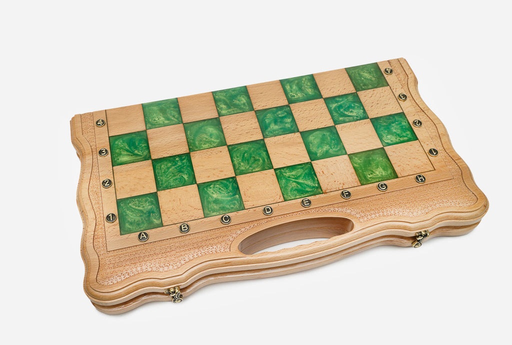 Close-up of the green marbled epoxy squares, maple light squares and bronze coordinate markers
