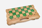 Close-up of the green marbled epoxy squares, maple light squares and bronze coordinate markers