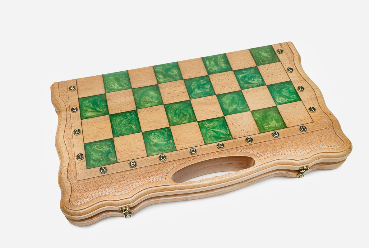 Close-up of the green marbled epoxy squares, maple light squares and bronze coordinate markers