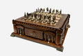 Handle Chess Castle table with bronze pieces set up on the board, angled view