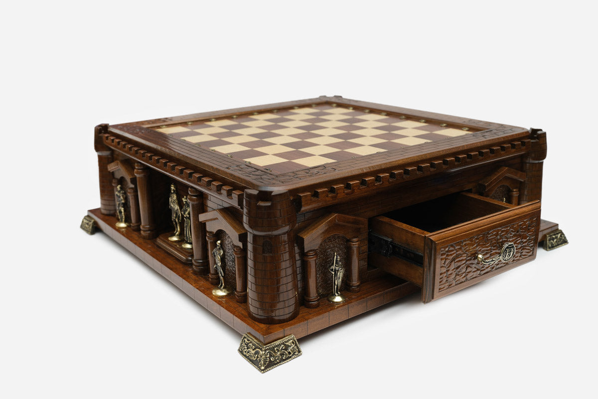 Handle Chess Castle with the front drawer open, three-quarter angled view