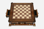 Castle chess set with both side drawers open, empty board, top-down view