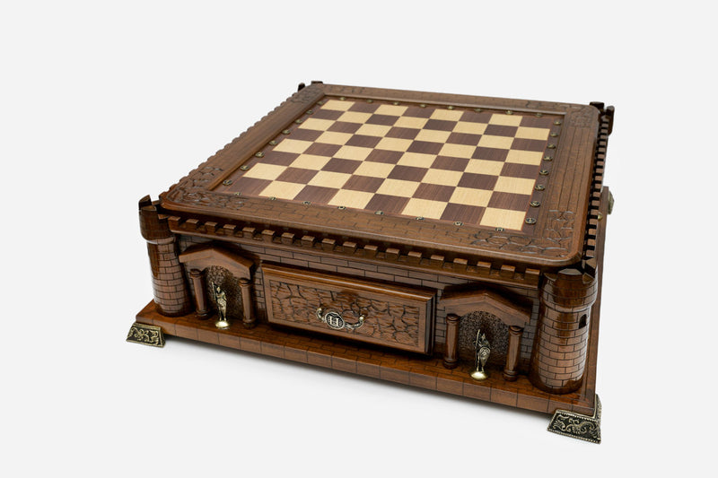 Castle chess set empty board, top-down view of the beech and walnut squares