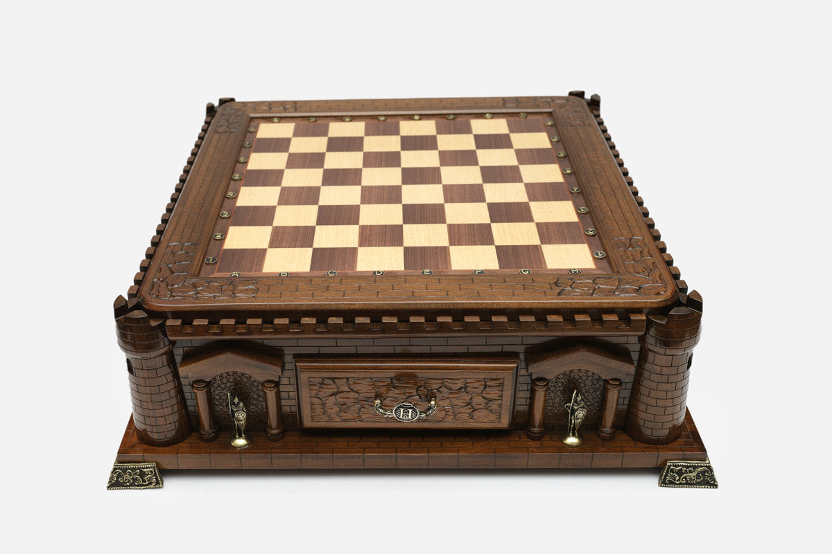 Handle Chess Castle front view with drawers closed and empty board