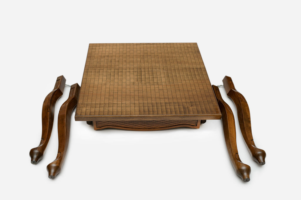 Handle Castle-Style game table, square tabletop with the chess and backgammon board resting on top