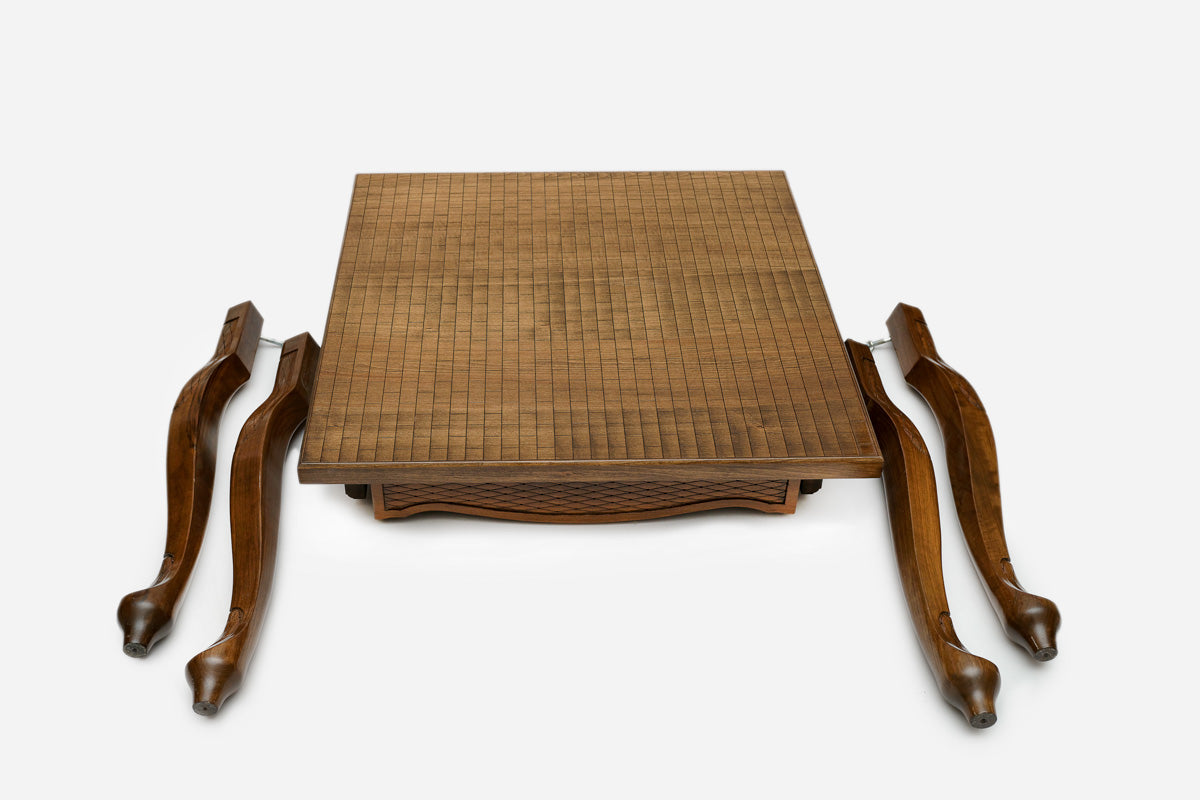 Handle Castle-Style game table, square tabletop with the chess and backgammon board resting on top