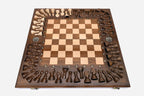 Close-up of the walnut and bronze pieces on the maple and walnut squares