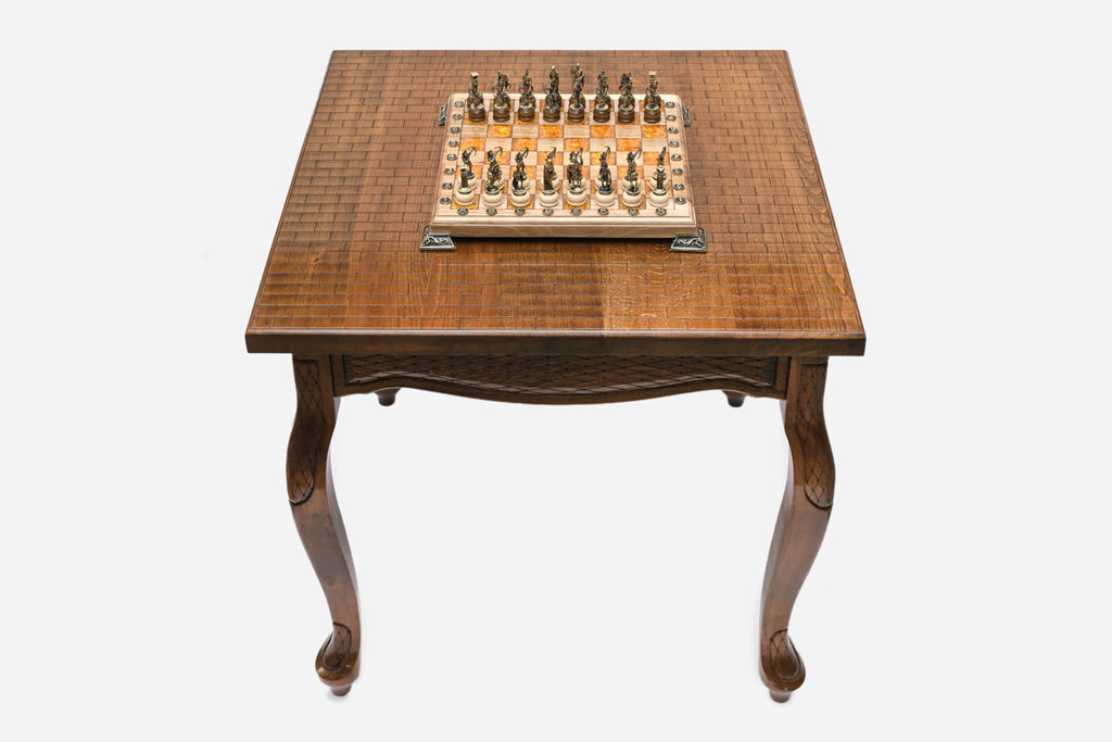 Handle Castle-Style game table set up for chess, front view showing the square tabletop
