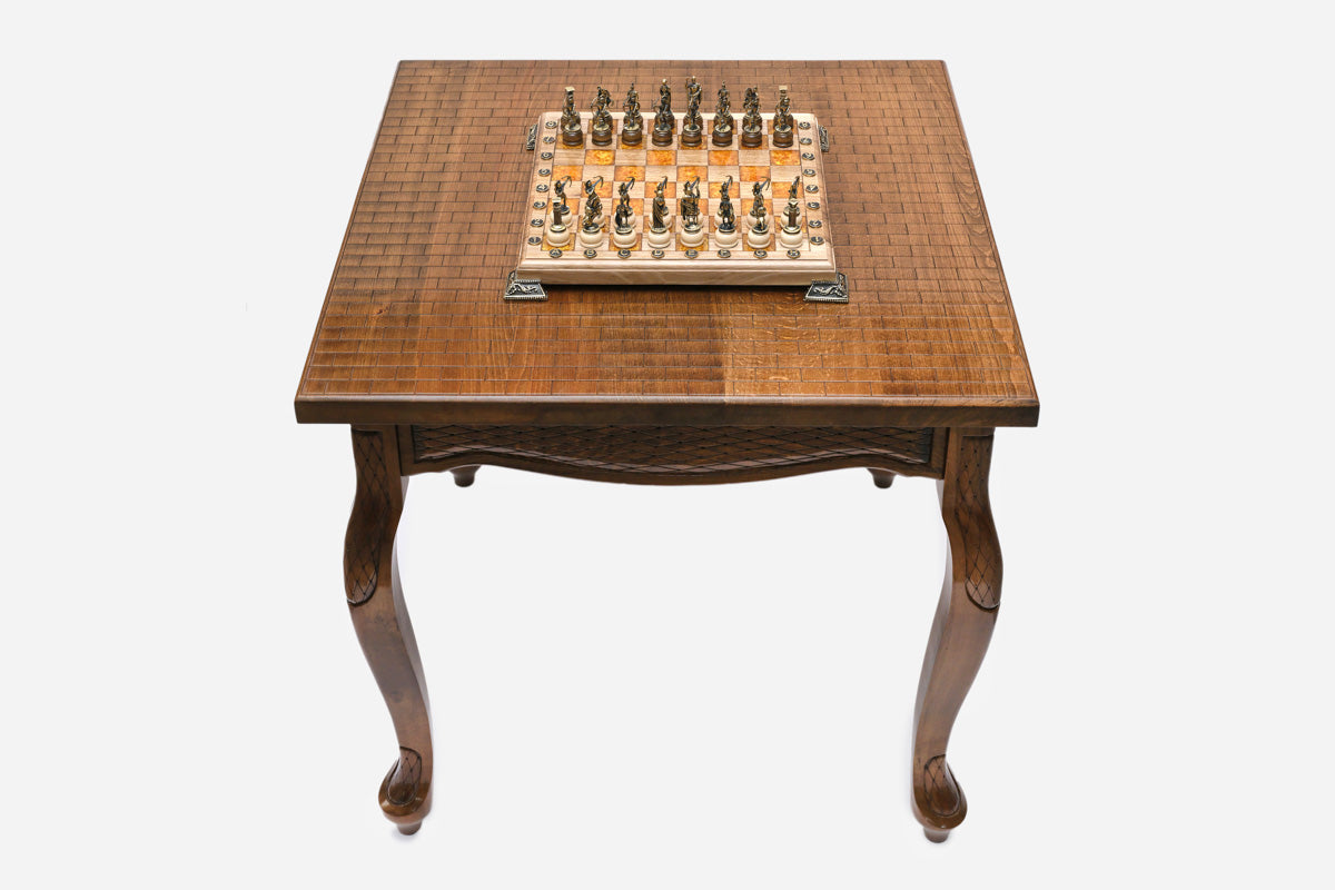 Handle Castle-Style game table set up for chess, front view showing the square tabletop