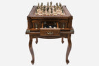 Handle Castle-Style game table with chess pieces set up and the drawer open showing spare pieces