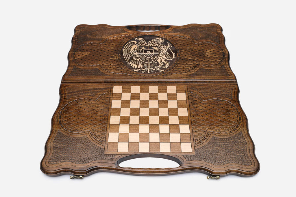 Angled view of the Armenia coat of arms bronze backgammon board
