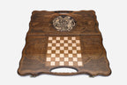 Angled view of the Armenia coat of arms bronze backgammon board